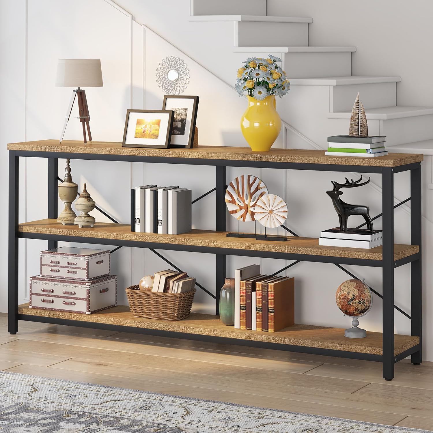 Tribesigns 70.9-Inch Console Table, 3-Tier Industrial Sofa Table with Metal Frame, Modern Behind Couch Table with Storage Shelves for Living Room Entryway Hallway Foyer (Light Brown)
