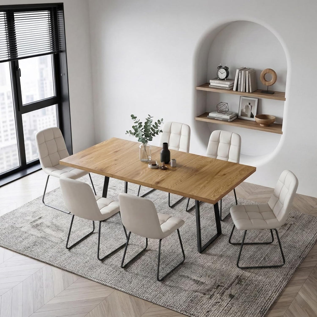 ZckyCine Extendable Dining Table Set 47"-63", Rustic Wood Table with 6 PU Leather Chairs, Modern Scandinavian Dining Room Furniture for Kitchen Apartment