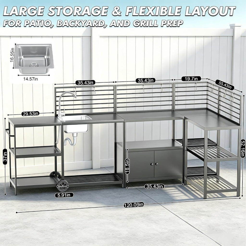 LEVELEVE Modular Outdoor Kitchen Island 5-Piece Set, Aluminum Outdoor Prep Station Grill Cart with Independent Sink, Storage Cabinets & Shelves for Backyard Patio Deck