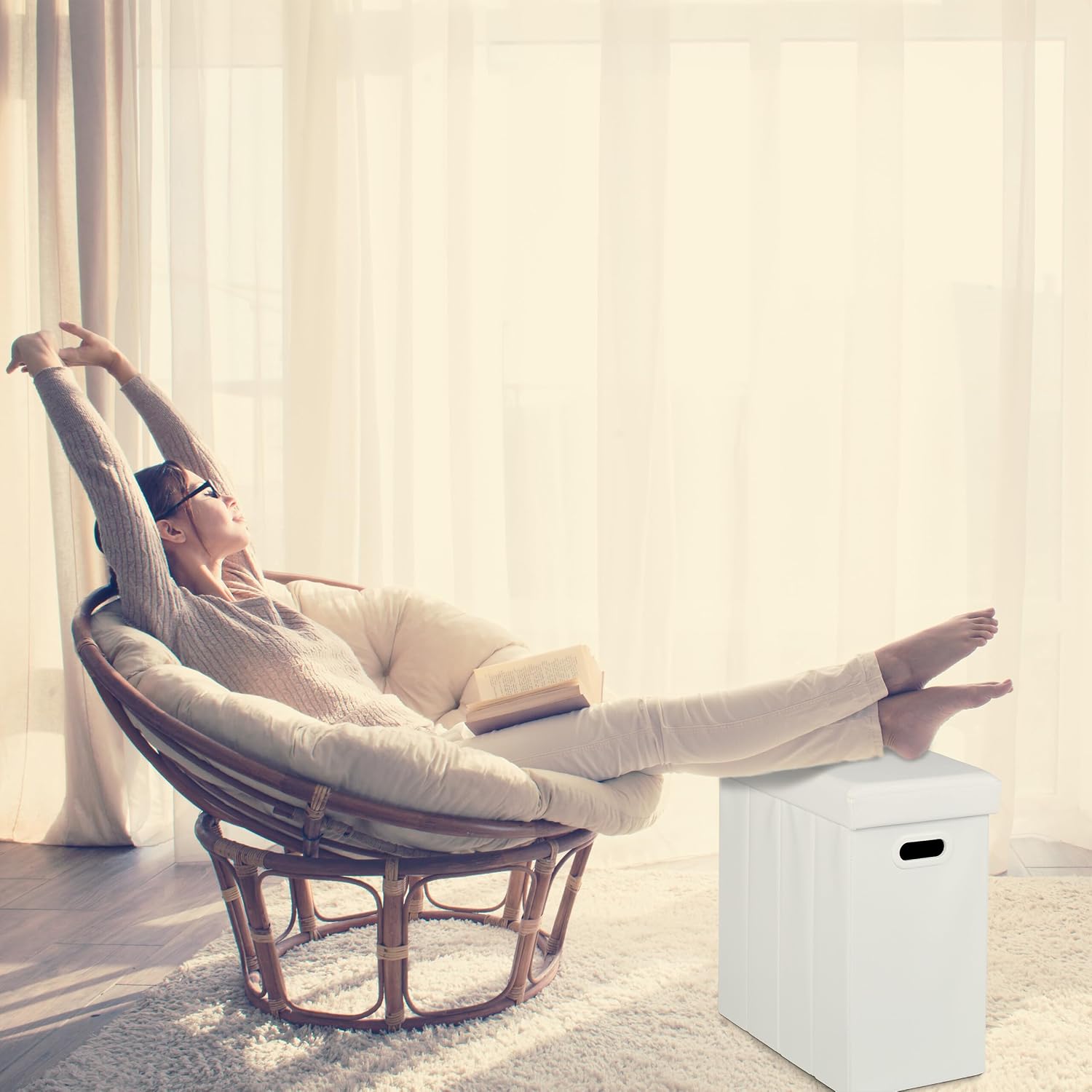 Relaxdays Stool with Storage Space, Imitation Leather, Upholstered, Foldable, Living Room, HWD: 49 x 48.5 x 27 cm, White, Fibreboard