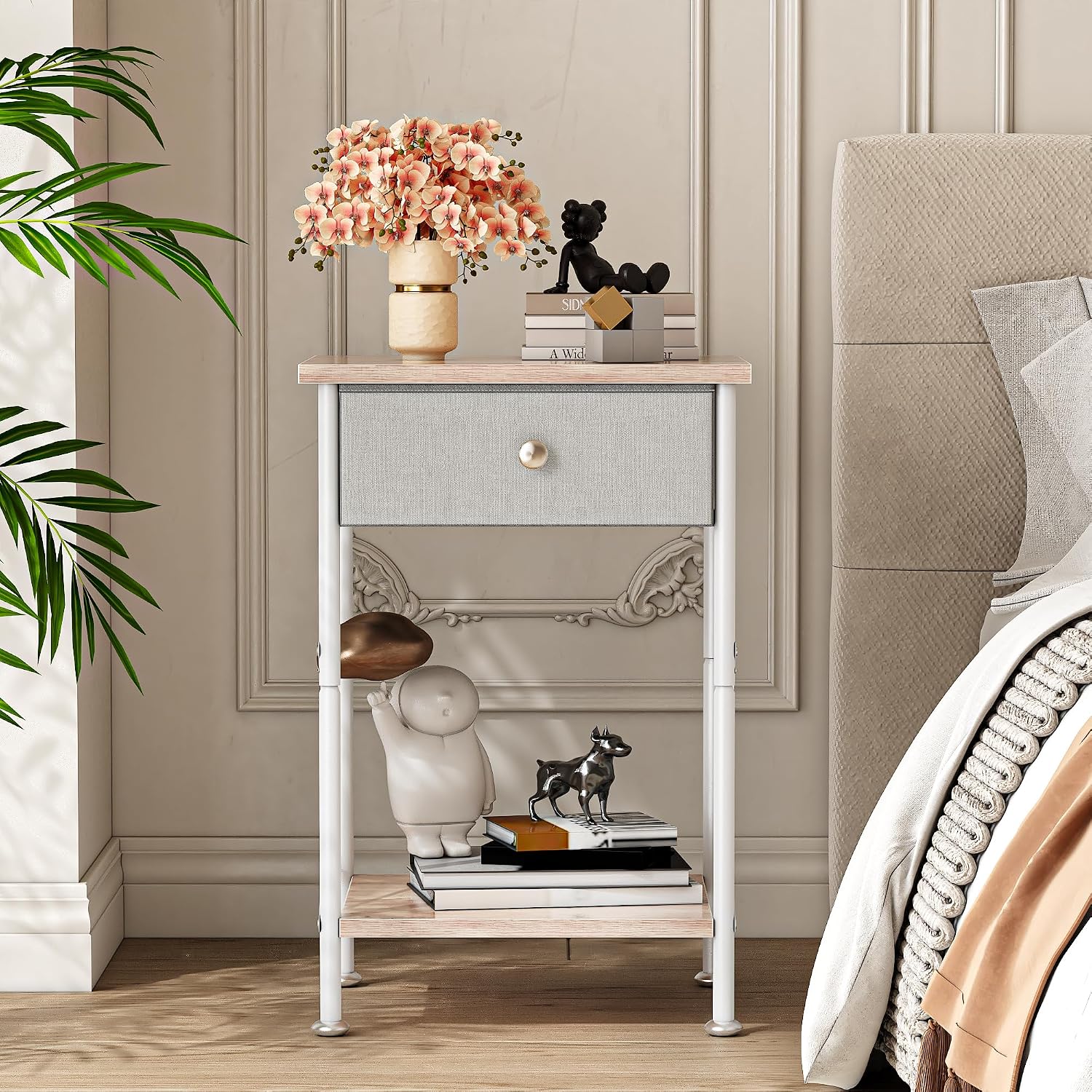 VECELO End Tables, Modern Nightstand with Fabric Drawer & Open Shelf, Night Stand for Bedroom Living Room, Industrial Metal Frame, Easy Assembly, White,1 Pack