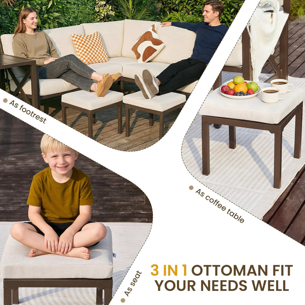 NATURAL EXPRESSIONS 8 Pieces Patio Furniture Sets,Metal Outdoor Sectional Furniture L Shape Conversation Sets with Dining Table,2 Ottomans,Highback Frame,Large Waterproof Cover, 6.5" Cushions for Yard
