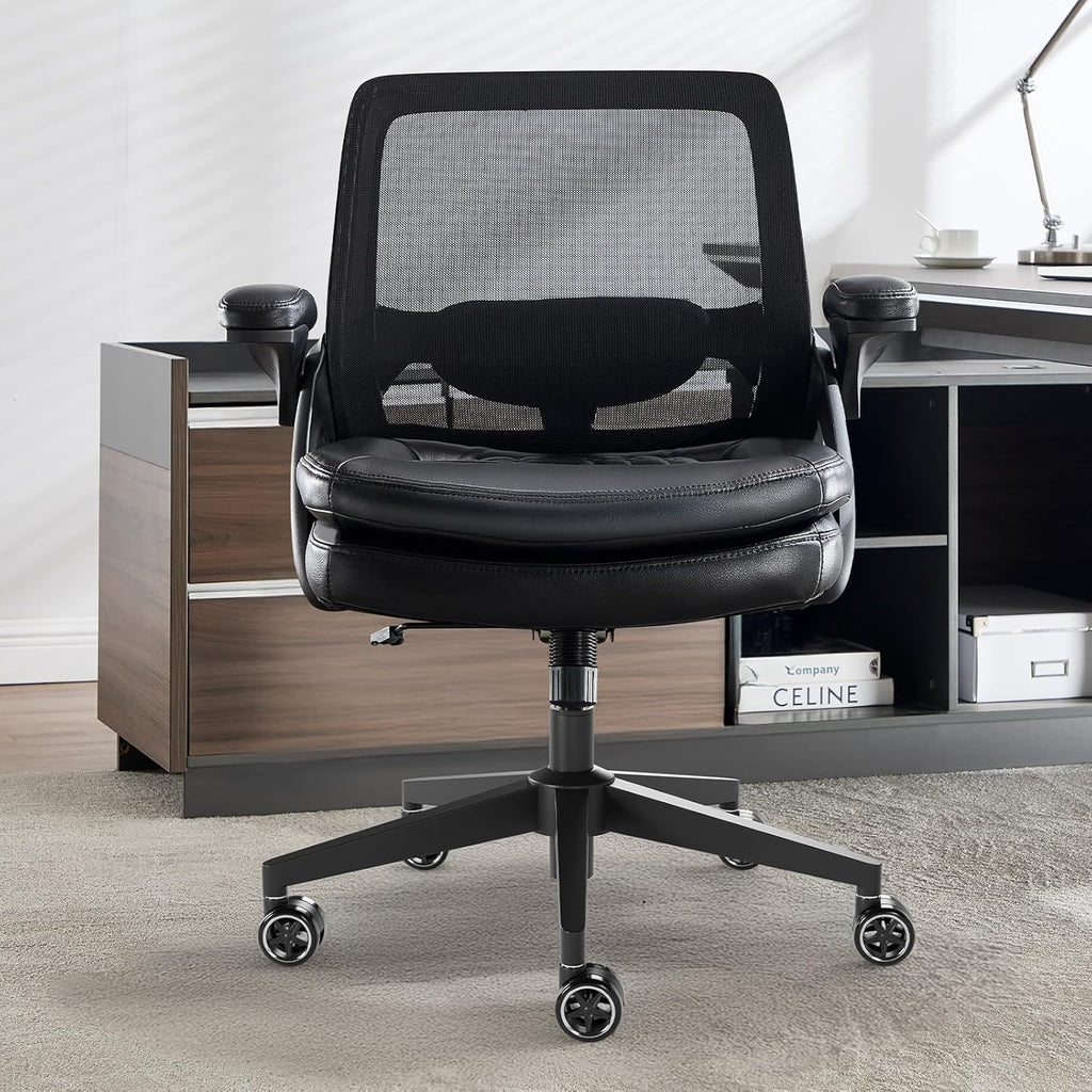Big and Tall Office Chair, 500lbs Mesh Heavy Duty Ergonomic Desk Chair with Flip-up Armrests, Plus Size Wide Seat in PU Leather, 360 Swivel Computer Executive Task Chair for Home Office (Black)
