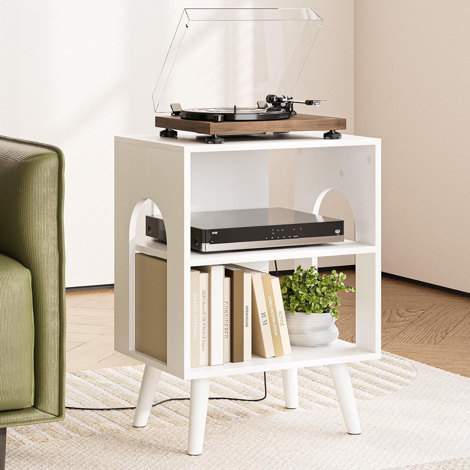 Masupu Night Stand, 3-Tier Modern Nightstand with Open Storage, Wooden Bed Side End Table for Small Space, Living Room, Bedroom, Nursery, White