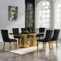 Black Marble Dining Table Set for 6,68 inch Black Marble Table with Golden Double Column Stainless Steel Base, Faux Marble Kitchen Table and Velvet Chairs Set of 6, Dining Room Table Set for 6
