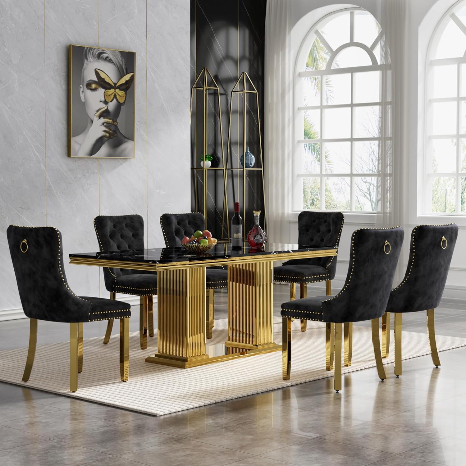 Black Marble Dining Table Set for 6,68 inch Black Marble Table with Golden Double Column Stainless Steel Base, Faux Marble Kitchen Table and Velvet Chairs Set of 6, Dining Room Table Set for 6
