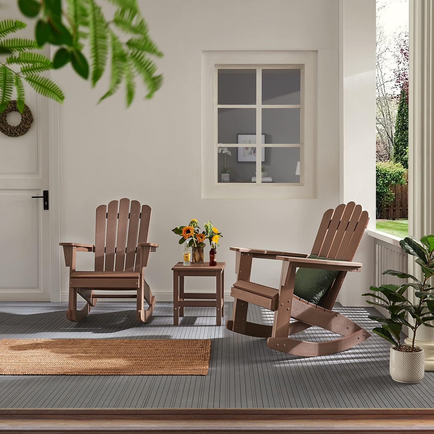 Psilvam Adirondack Rocking Chair Set of 2, Eco-Friendly Wood-Style Outdoor Patio Rocker - Heavy Duty 350 lbs Capacity, All-Weather Recycled Plastic, Easy Assembly (Brown)