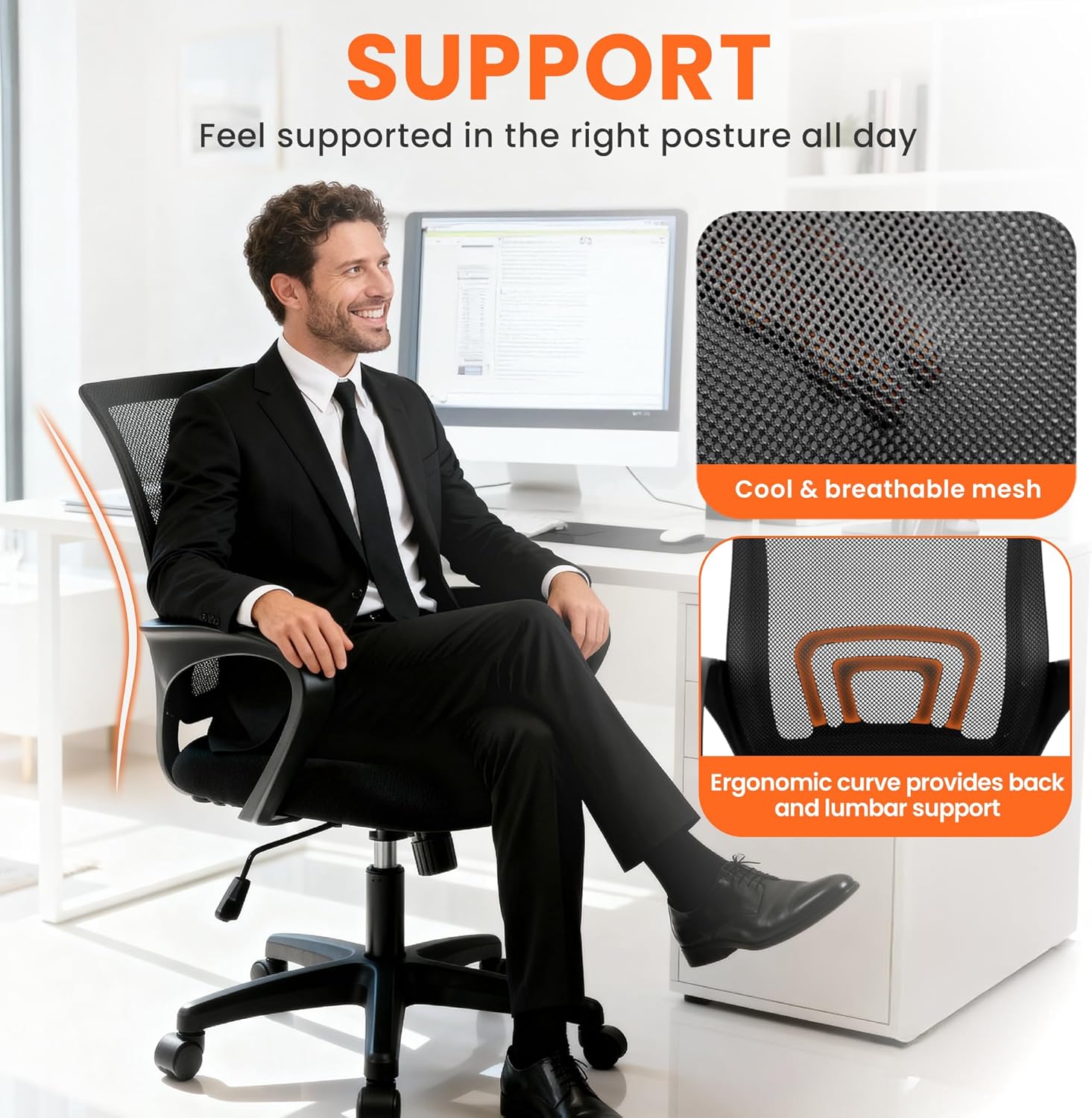 NEO Chair Office Computer Chair Mid Back Desk Ergonomic Mesh Gaming Seat Comfy Lumbar Support Rolling Wheels Adjustable Height Swivel for Home Task (All Black)