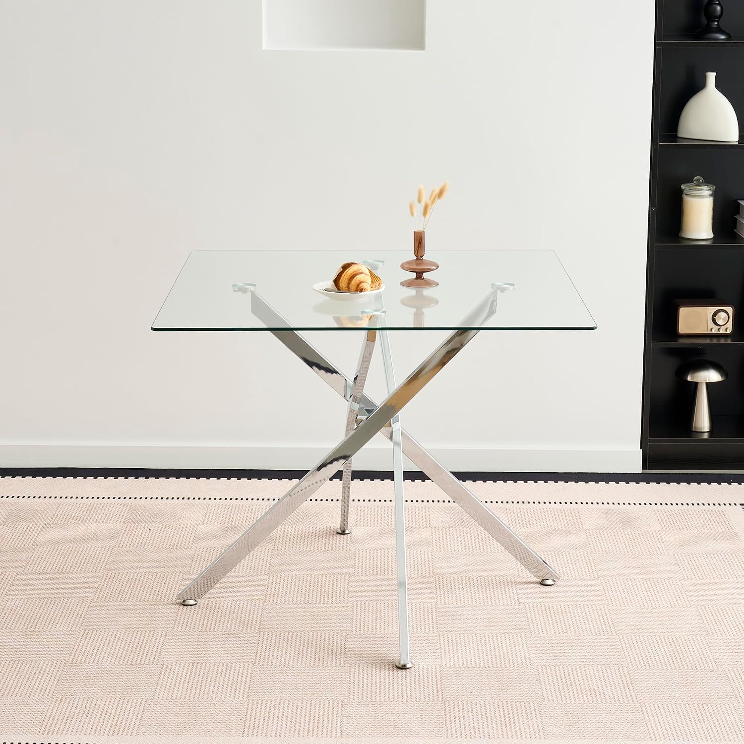 36 inch Square Glass Dining Table, Modern Dining Table for 4, Square Kitchen Table with Tempered Glass Top & Silver Chrome Metal Legs for Dining Room, Living Room, Apartment, Small Space