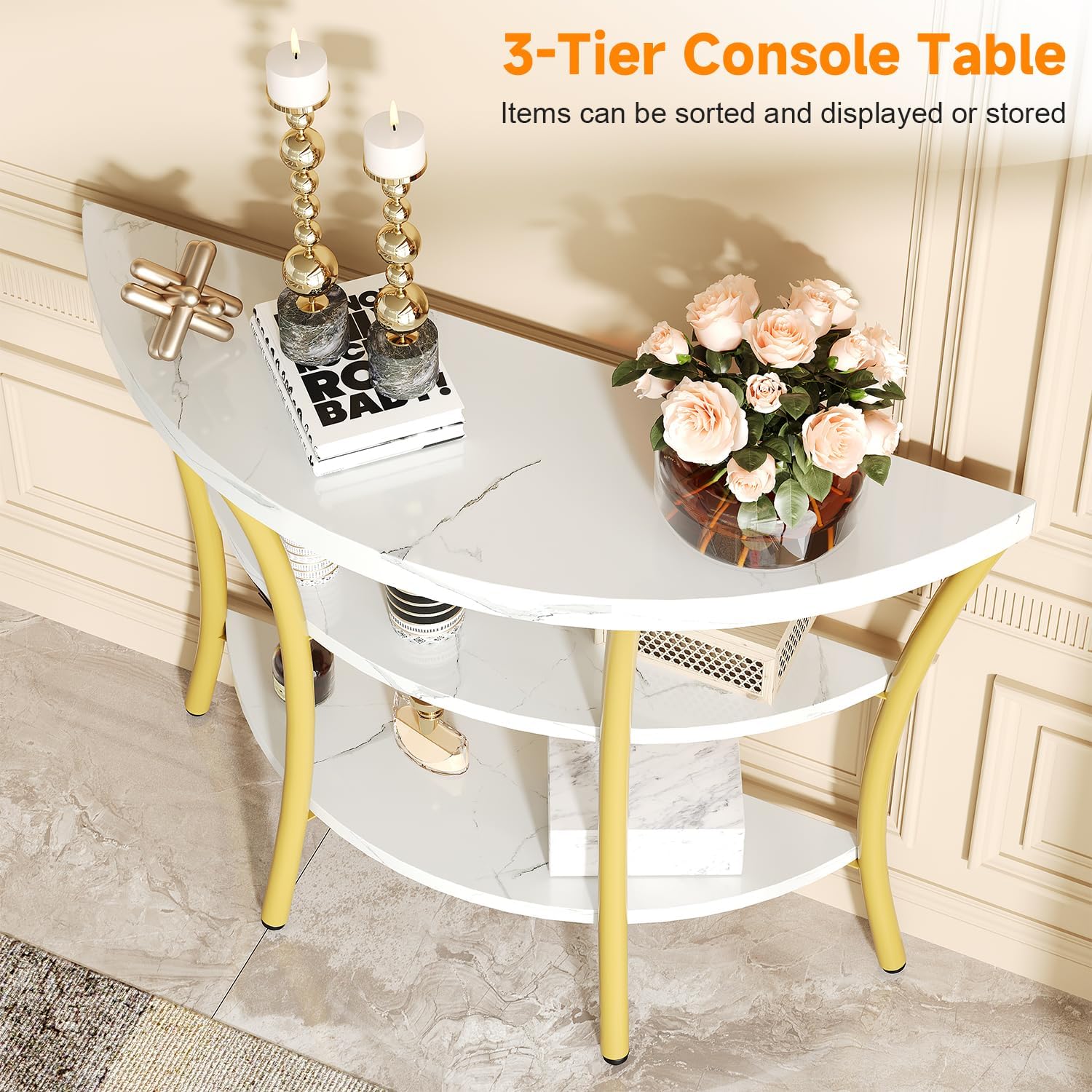 39.4" Console Table with Half Moon Wood Shelves, 3 Tier Modern Entryway Table with Curved Metal Frames, Narrow Sofa Couch Table for Hallway, Entrance, Living Room, Foyer, White Marble & Gold
