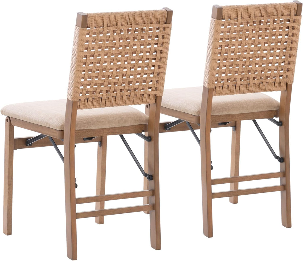 Linon Bennett Natural Folding Chair with Woven Rope Back and Linen Upholstered Seat Set of 2