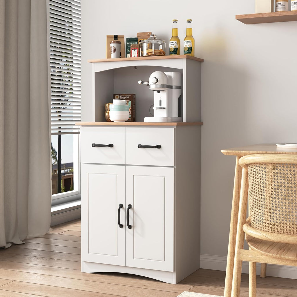Modern White Wooden Kitchen Pantry Cabinet with Microwave Stand, Storage Drawer & Adjustable Shelf – Space-Saving Organizer for Small Kitchens