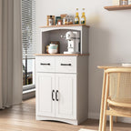 Modern White Wooden Kitchen Pantry Cabinet with Microwave Stand, Storage Drawer & Adjustable Shelf – Space-Saving Organizer for Small Kitchens