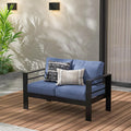 Wisteria Lane Patio Furniture Aluminum Loveseat, All-Weather Outdoor 2 Seats Sofa Couch, Patio Outdoor Sofa, Black Metal Chair with Blue Cushions