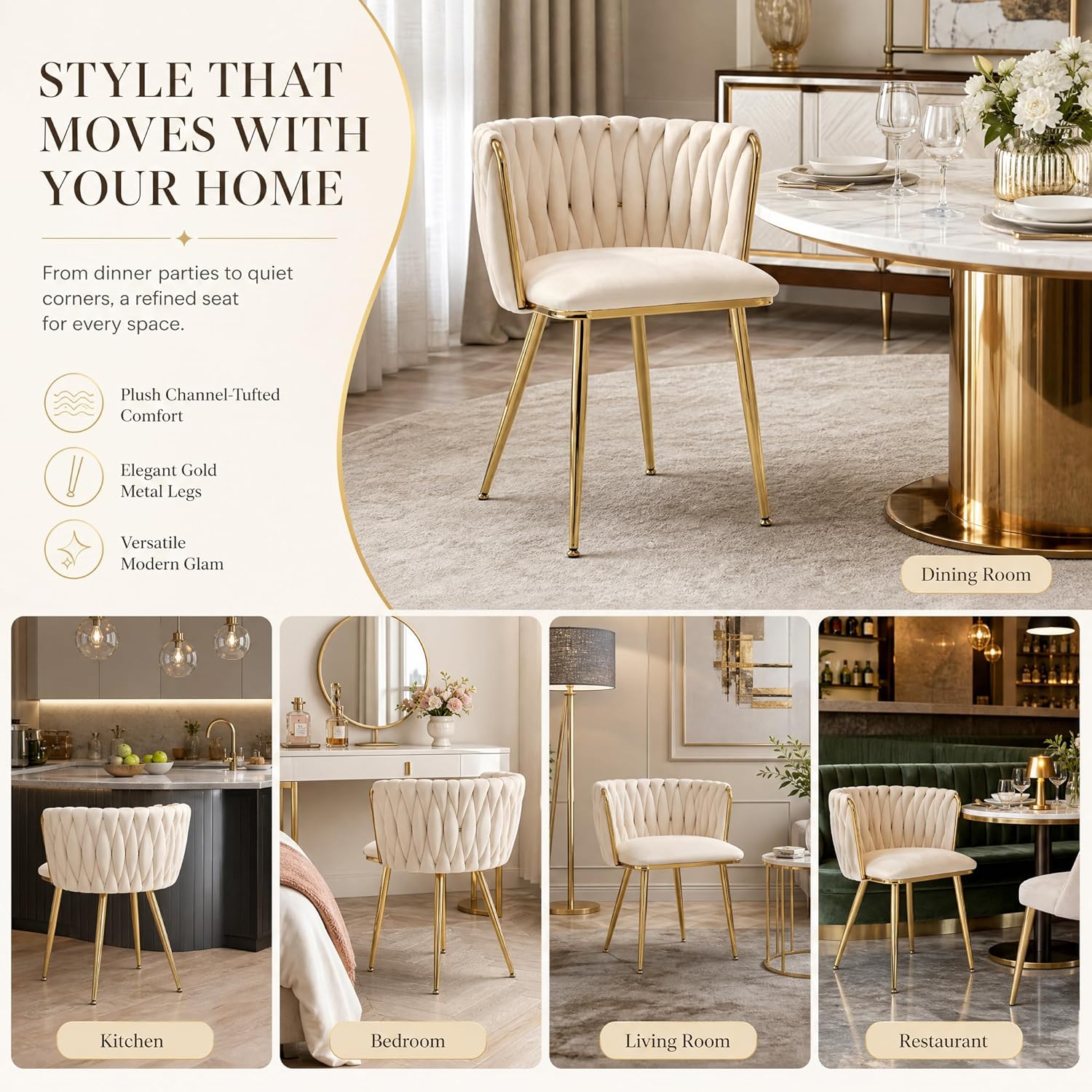 Dining Chairs Set of 6 Upholstered Dining Room Chairs Comfy Velvet Accent Chairs with Gold Metal Legs and Woven Back for Dining Room Kitchen Living Room (Beige)