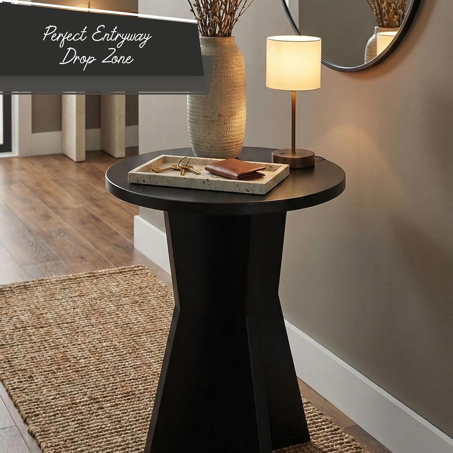 Kings Brand Furniture Round Side Table, Modern Pedestal Base Accent Table for Living Room, Bedroom, Bedside, or Office (Black)