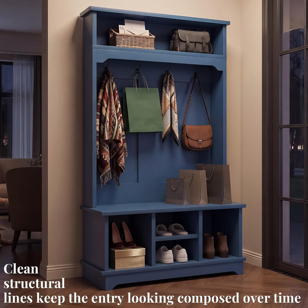 Hall Tree with Bench and Shoe Storage, 6-in-1 Freestanding Entryway Coat Rack with Adjustable Shelf, Multiple Hanging Hooks and 2-Tier Top Storage, Sturdy Wooden Entryway Organizer, Blue