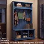 Hall Tree with Bench and Shoe Storage, 6-in-1 Freestanding Entryway Coat Rack with Adjustable Shelf, Multiple Hanging Hooks and 2-Tier Top Storage, Sturdy Wooden Entryway Organizer, Blue