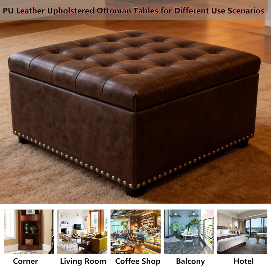 Brown PU Leather Large Square Storage Ottoman with Nailhead Trim for Living Room,30" Vintage Faux Leather Upholstered Ottoman Coffee Table,Tufted Ottomans with Storage and Seating