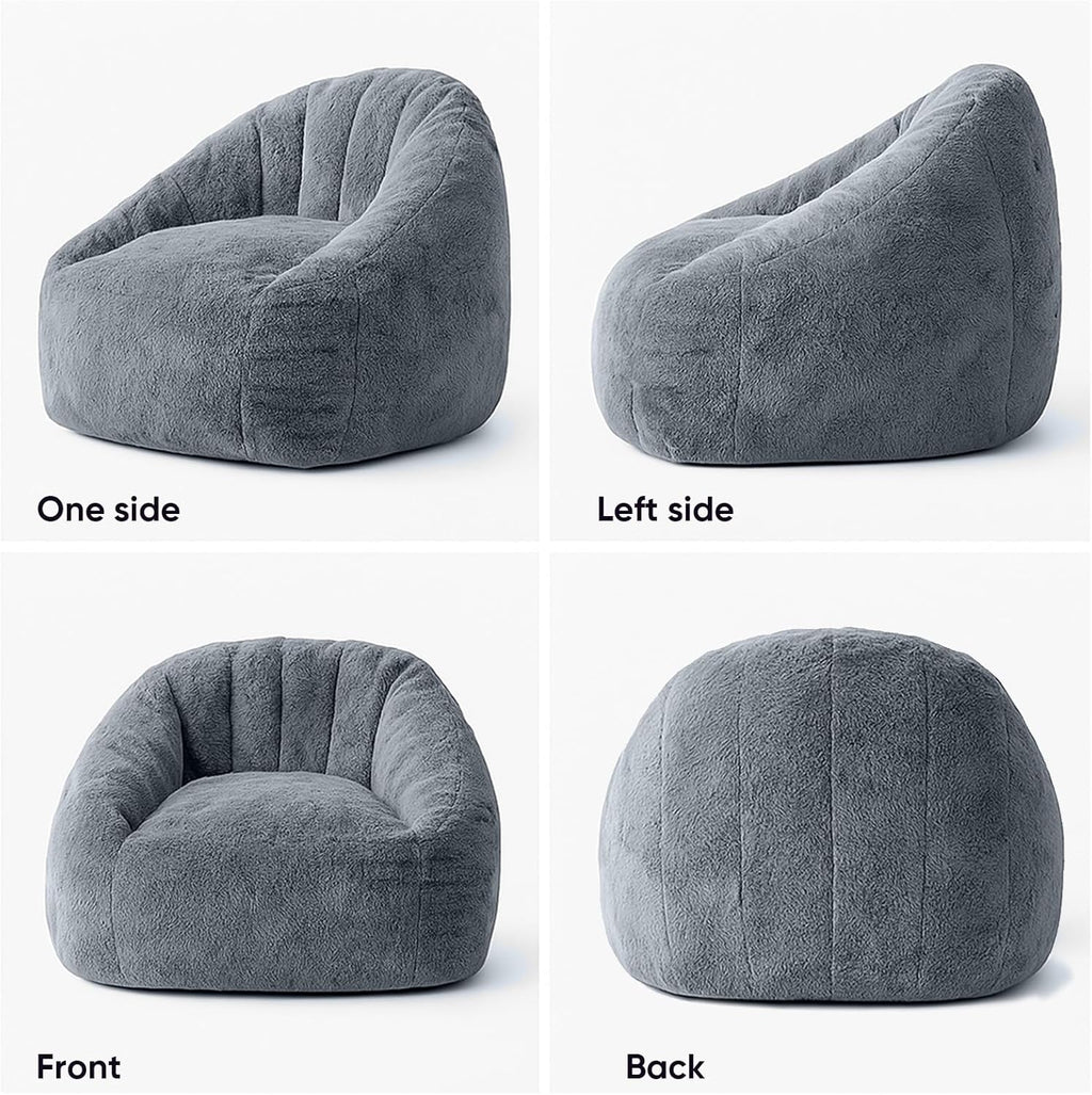 Bean Bag Chair, Shell-Shaped Bean Bag Couch for Adults, Giant Bean Sofa with High-Rebound Memory Foam, Chair with Faux Fur Removable Cover, Big Sofa for Reading, Gaming, Dark Gery