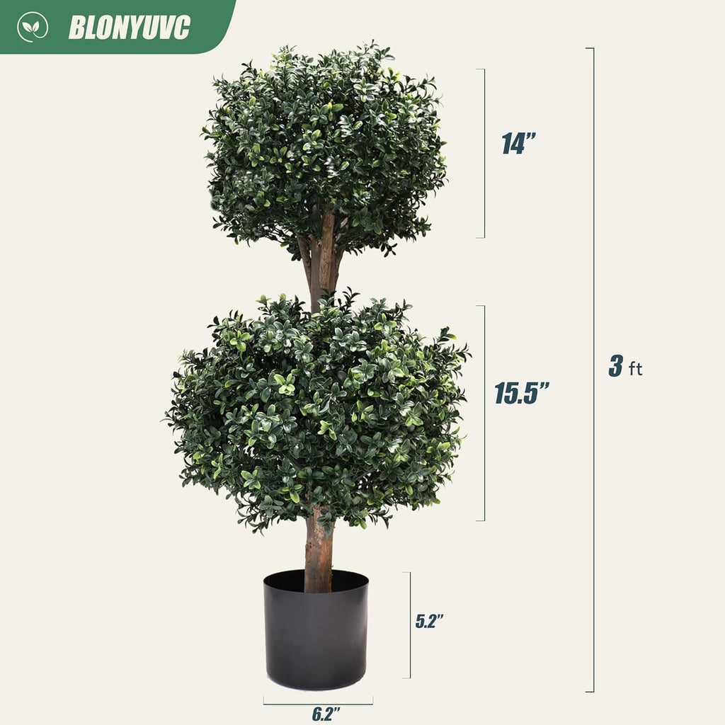 3Ft-35'' Artificial Boxwood Double Ball Topiary Trees,2PACK Faux Topiaries Tree Store Garden Indoor&Outdoor for Porch Home Decor