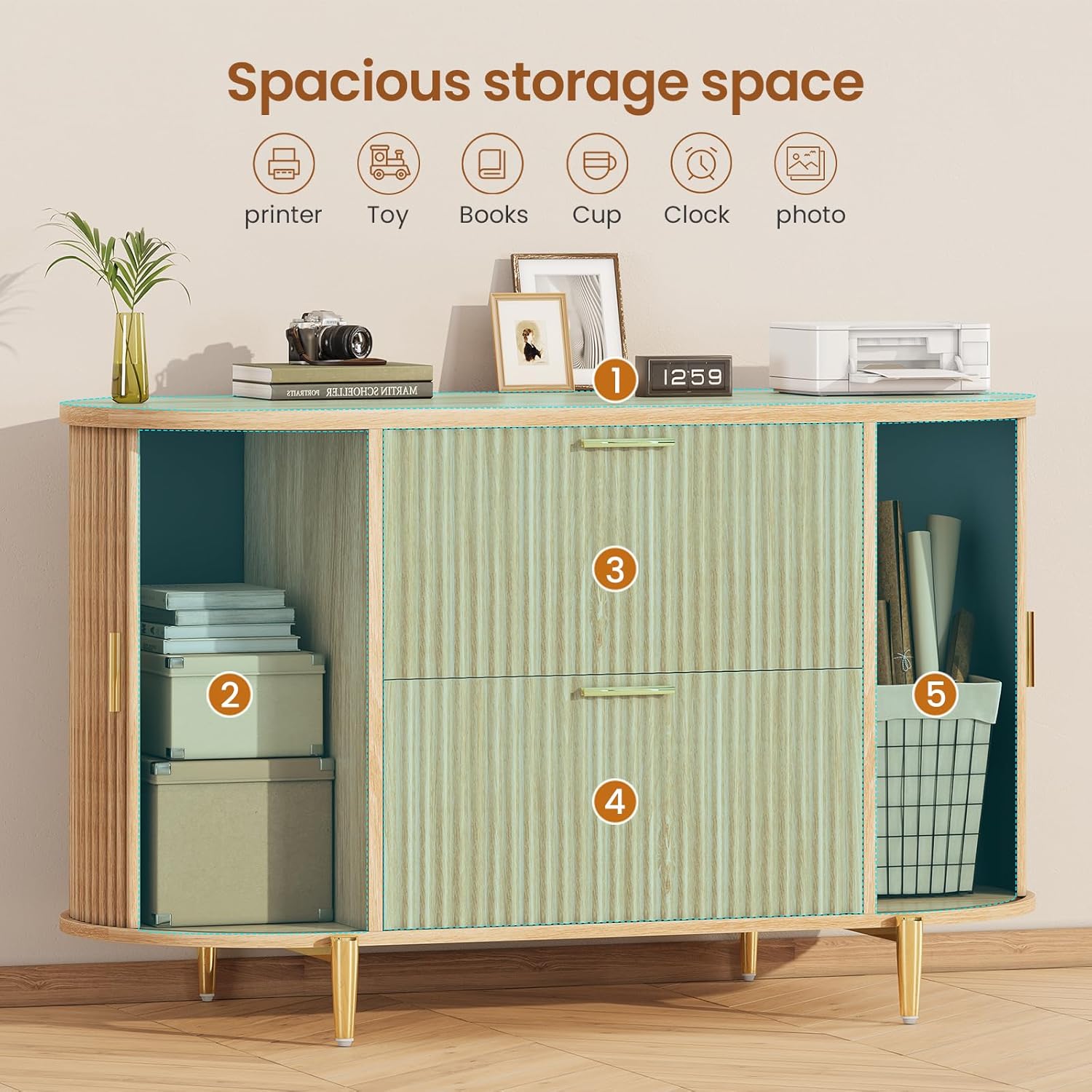 SEDETA 2 Drawer File Cabinet, 39.4" Filing Cabinet for Home Office, fit Legal/Letter/A4 Size, Modern Fluted Filing Cabinets with 2 Sliding Door Storage, Printer Stand, Natural