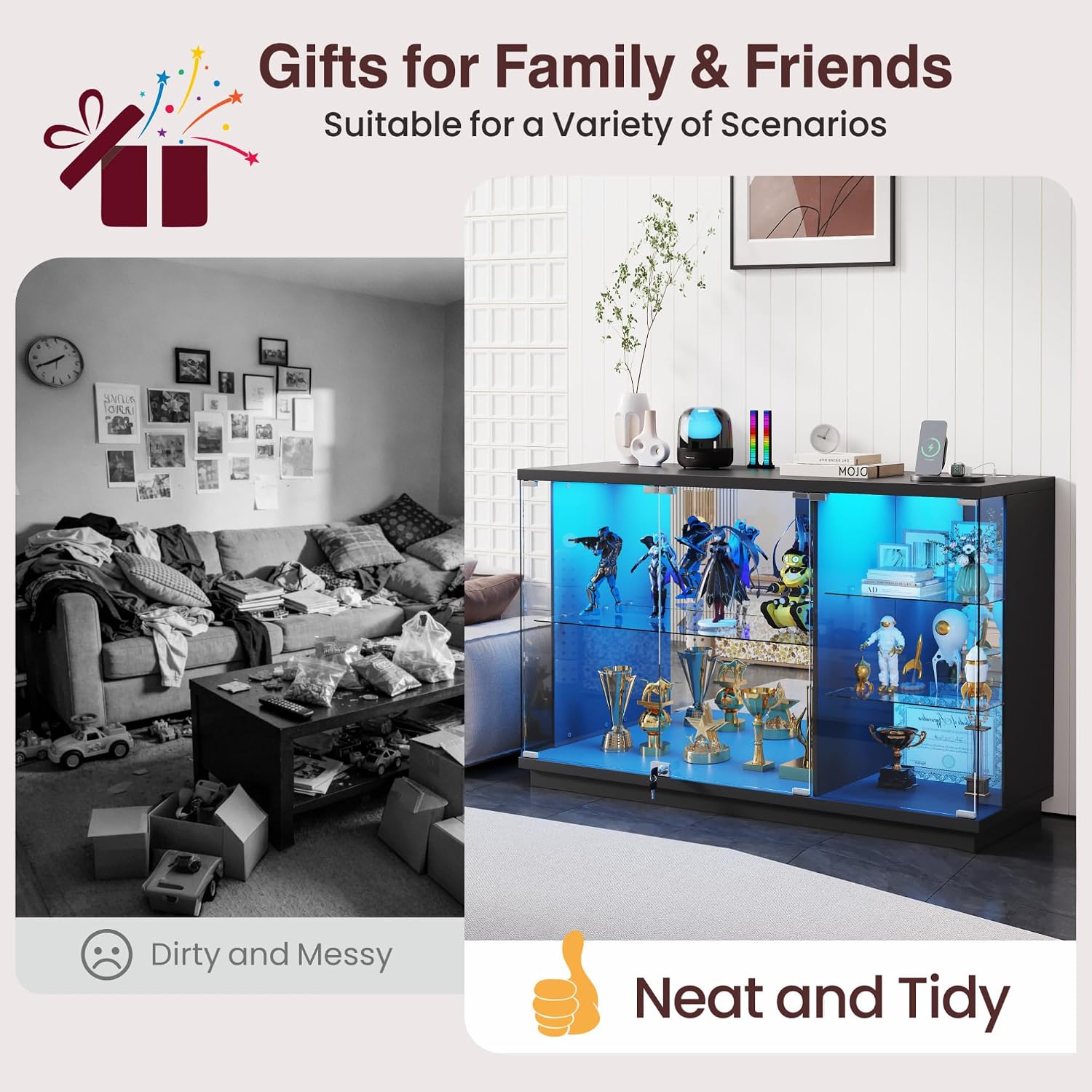 Gurexl 47.2" W Glass Display Cabinet with 3-Color LED Lights, 5-Tier Lockable Curio Cabinet with Human Body Sensor & Charging Station, Display Case for Collectibles, Living Room, Kitchen, Black