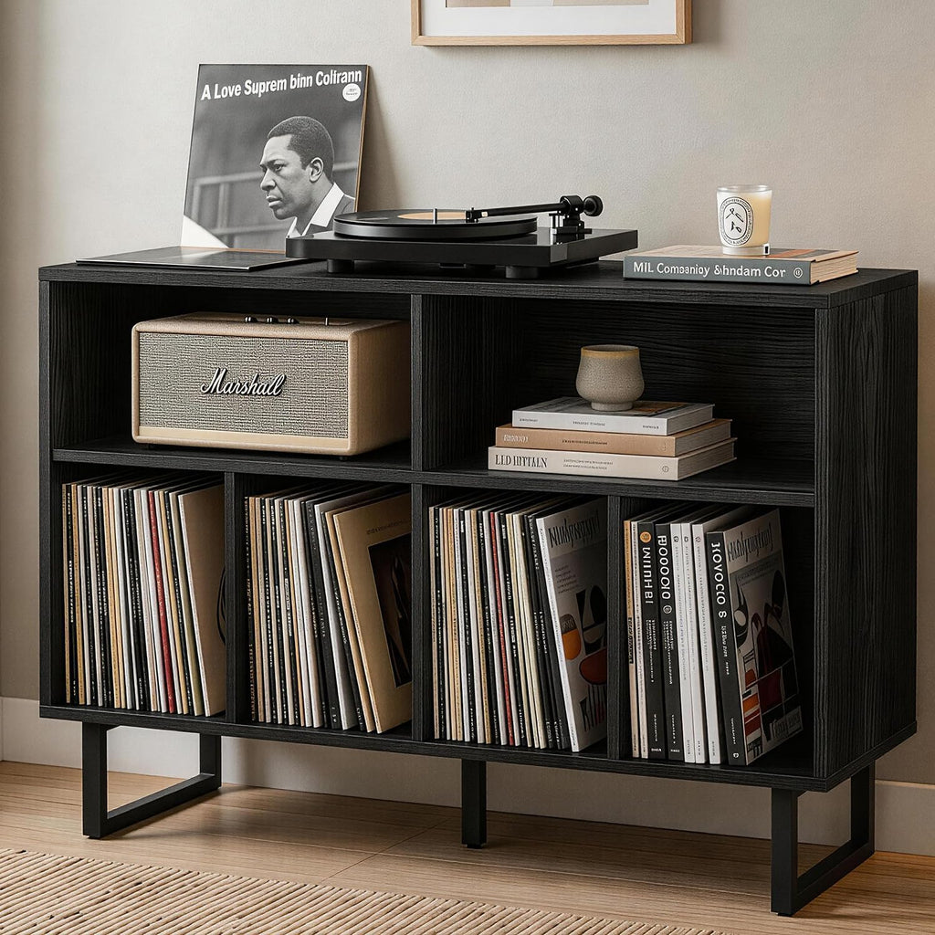 Large Record Player Stand with Storage 1000+ Albums, Mid Century Modern Turntable Stand Cabinet, Record Player Table Media Console TV Stand Bookshelf for Living Room, Black Walnut