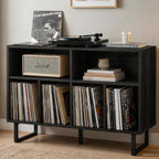 Large Record Player Stand with Storage 1000+ Albums, Mid Century Modern Turntable Stand Cabinet, Record Player Table Media Console TV Stand Bookshelf for Living Room, Black Walnut