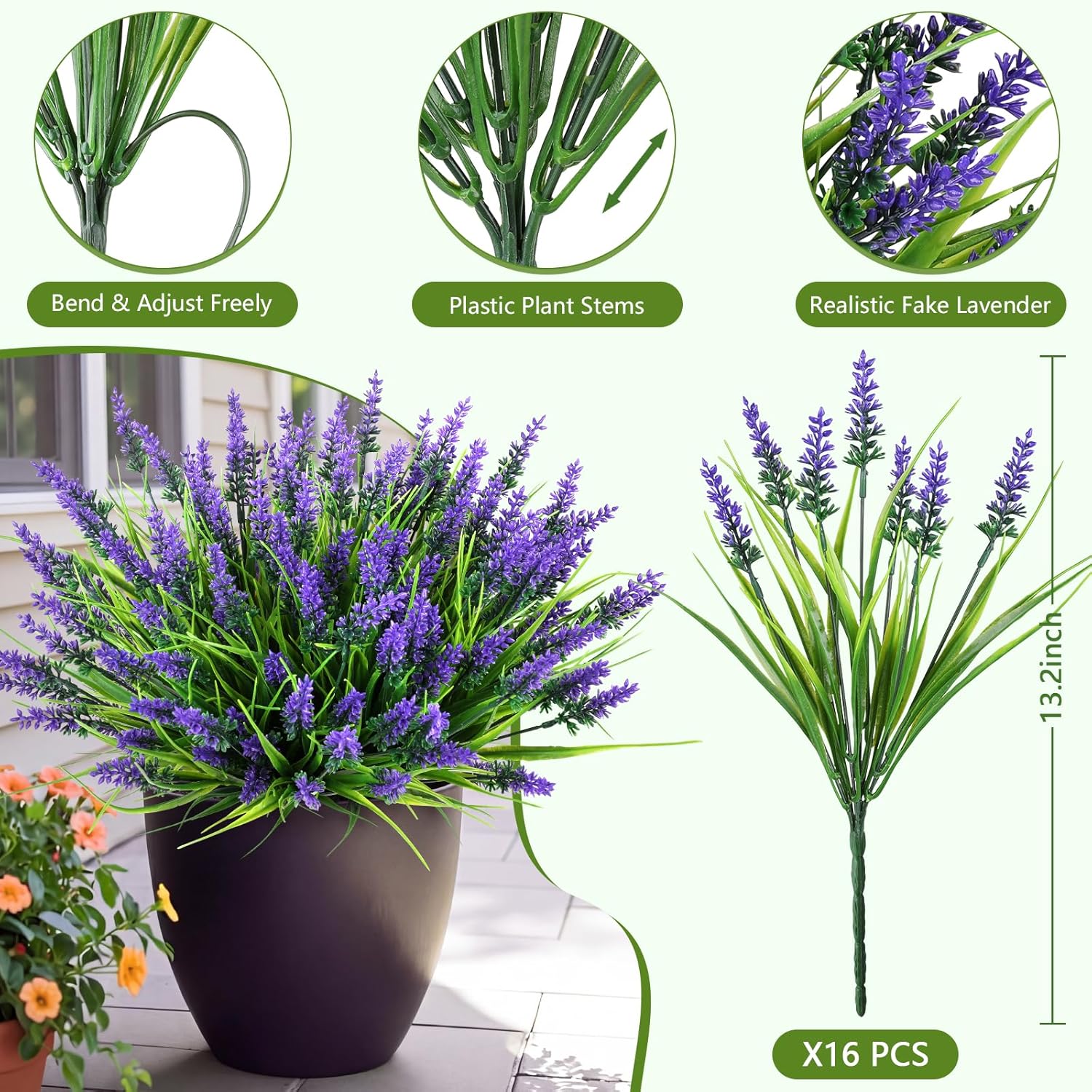 16 Bundles Faux Outdoor Plants, UV Resistant Fake Lavender & Monkey Grass, Realistic Artificial Flowers & Greenery for Outdoor Planters, Porch, Patio, Farmhouse Decor (Purple)