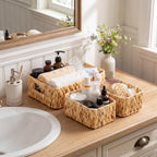 GRANNY SAYS Small Wicker Baskets for Shelves 3 Pack, Wicker Storage Baskets with Handles, Water Hyacinth Woven Basket for Organizing Counter, Toilet, Pantry, Living Room Storage