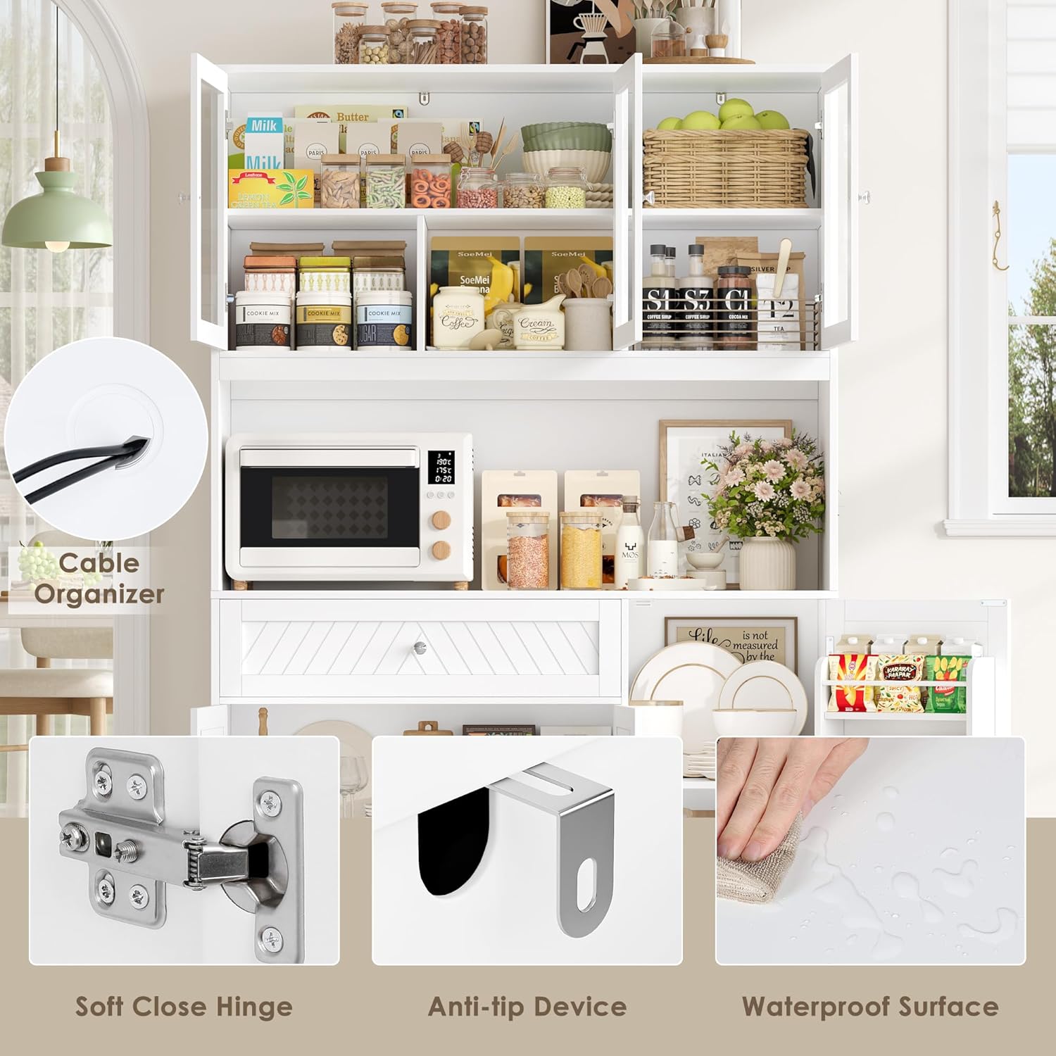 BOTLOG 72” Tall Kitchen Pantry Storage Cabinet, Modern White Kitchen Hutch with Large Storage Drawer, Countertop, Adjustable Shelves, Food Pantry Cabinets for Dining Room, Living Room