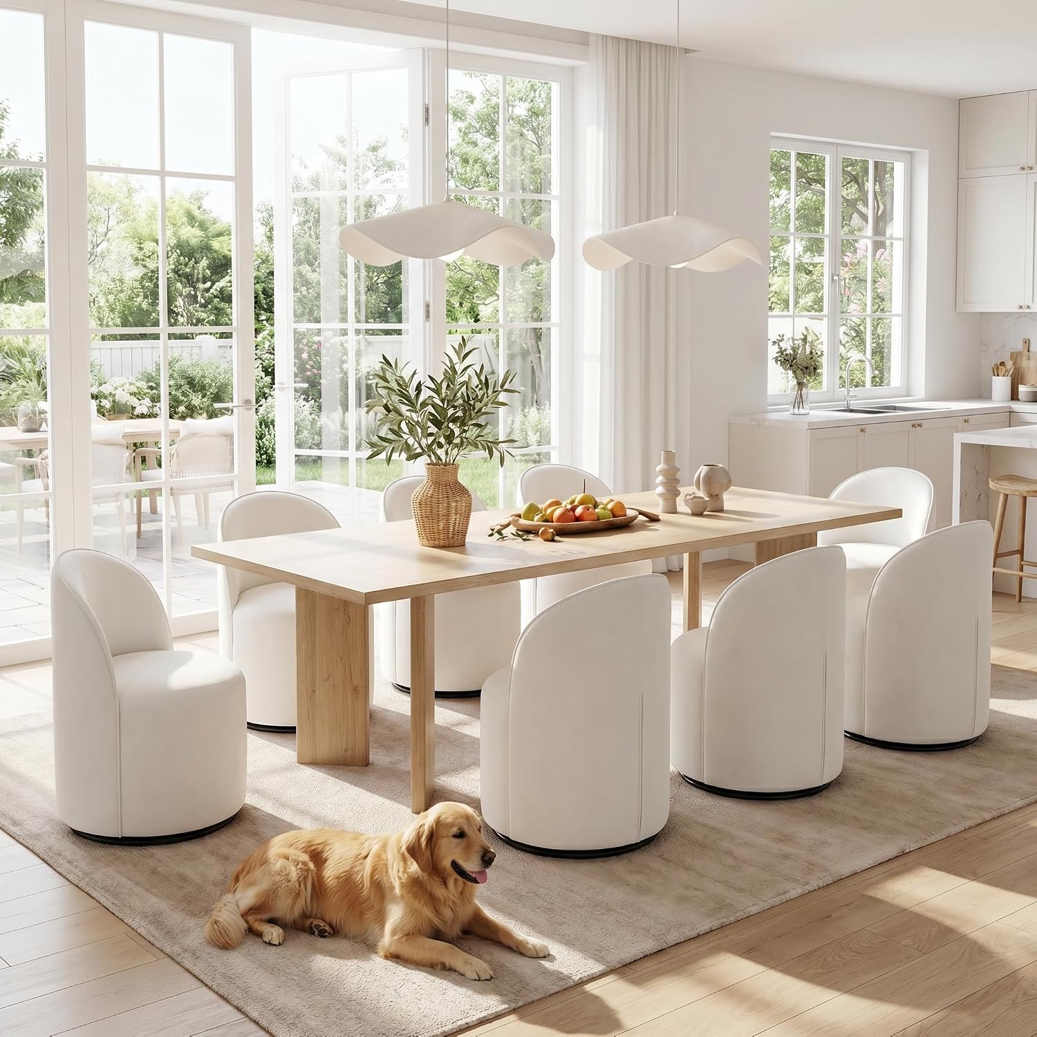 HNY Upholstered Swivel Dining Chairs Set of 6, Mid Century Modern Kitchen Round Velvet Dining Room Chairs, Barrel Comfy Armless Accent Makeup Vanity Side Chairs for Living Room, White