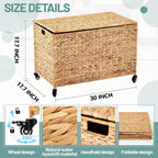 Wonderjune 30 x 17.7 x 17.7'' Rolling Storage Trunk with Wheels Woven Wicker Storage Basket with Lid Heavy Duty Blanket Toy Chest for Bedroom Closet Clothes Laundry Room Organization(Water Hyacinth)