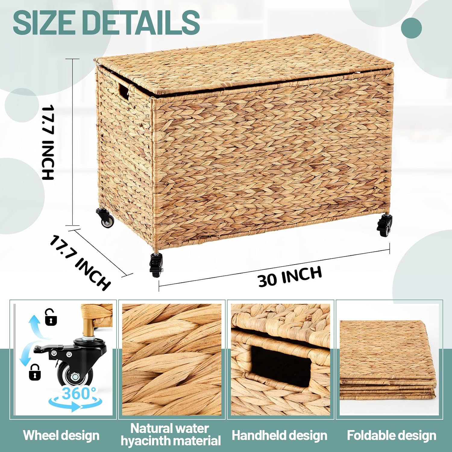Wonderjune 30 x 17.7 x 17.7'' Rolling Storage Trunk with Wheels Woven Wicker Storage Basket with Lid Heavy Duty Blanket Toy Chest for Bedroom Closet Clothes Laundry Room Organization(Water Hyacinth)