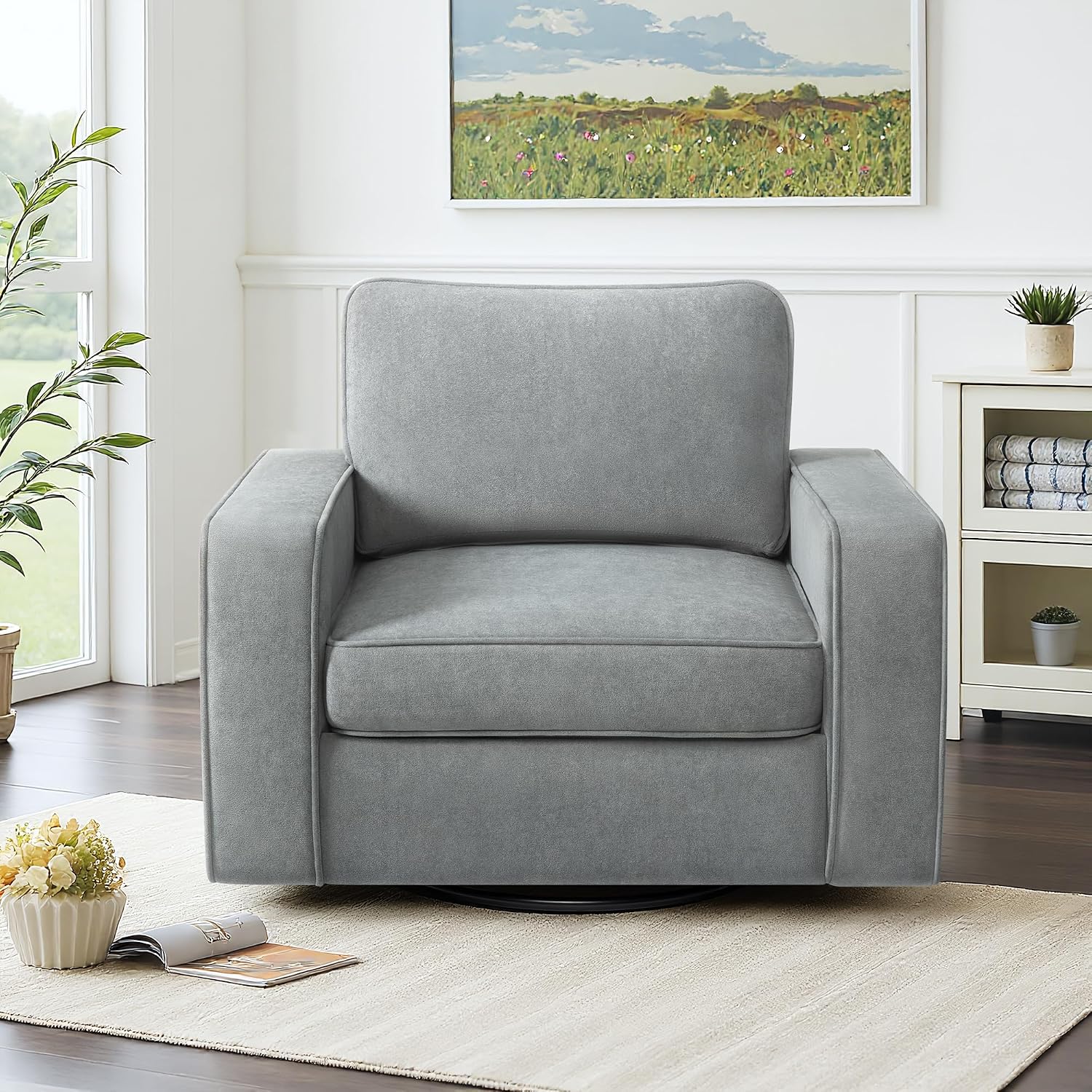 36.2" Wide Swivel Accent Chair - 360° Rotation Upholstered Modern Design Comfortable Cushioned Seating, Pillowback Glider Rocking Chair for Living Room, Bedroom, Nursery and Reading Nook, Gray