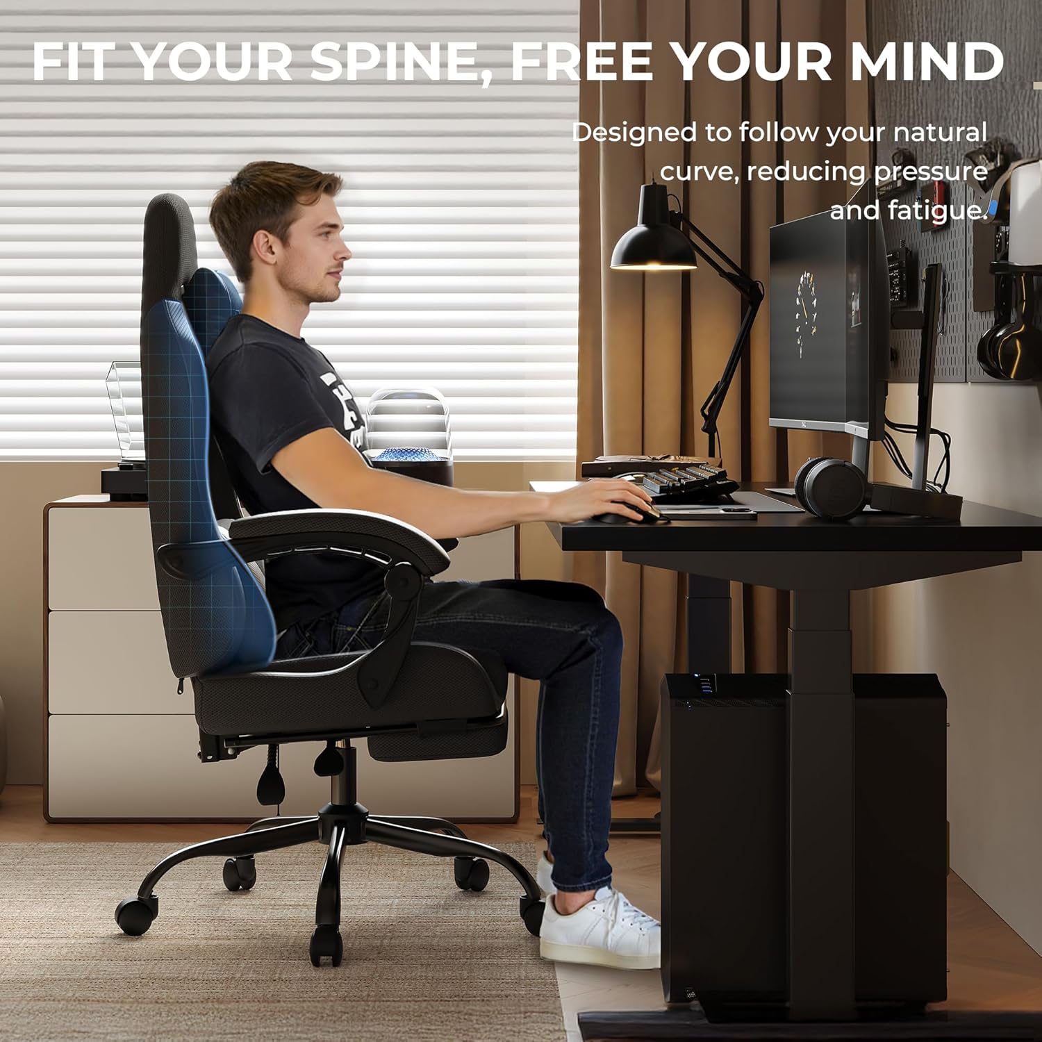Gaming Chair with Footrest, Ergonomic 330lbs Leather Mesh Chair, Massage Lumbar Support, Adjustable Height & Headrest Pillow, Breathable Seat for Office, Home, Streaming, Long Gaming Sessions, Black