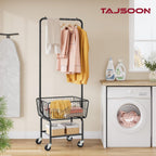 Tajsoon Laundry Cart with Hanging Rack, Metal Laundry Basket with Wheels, Laundry Hamper with Storage Basket and Shelf, Rolling Laundry Cart with Wheels, Black