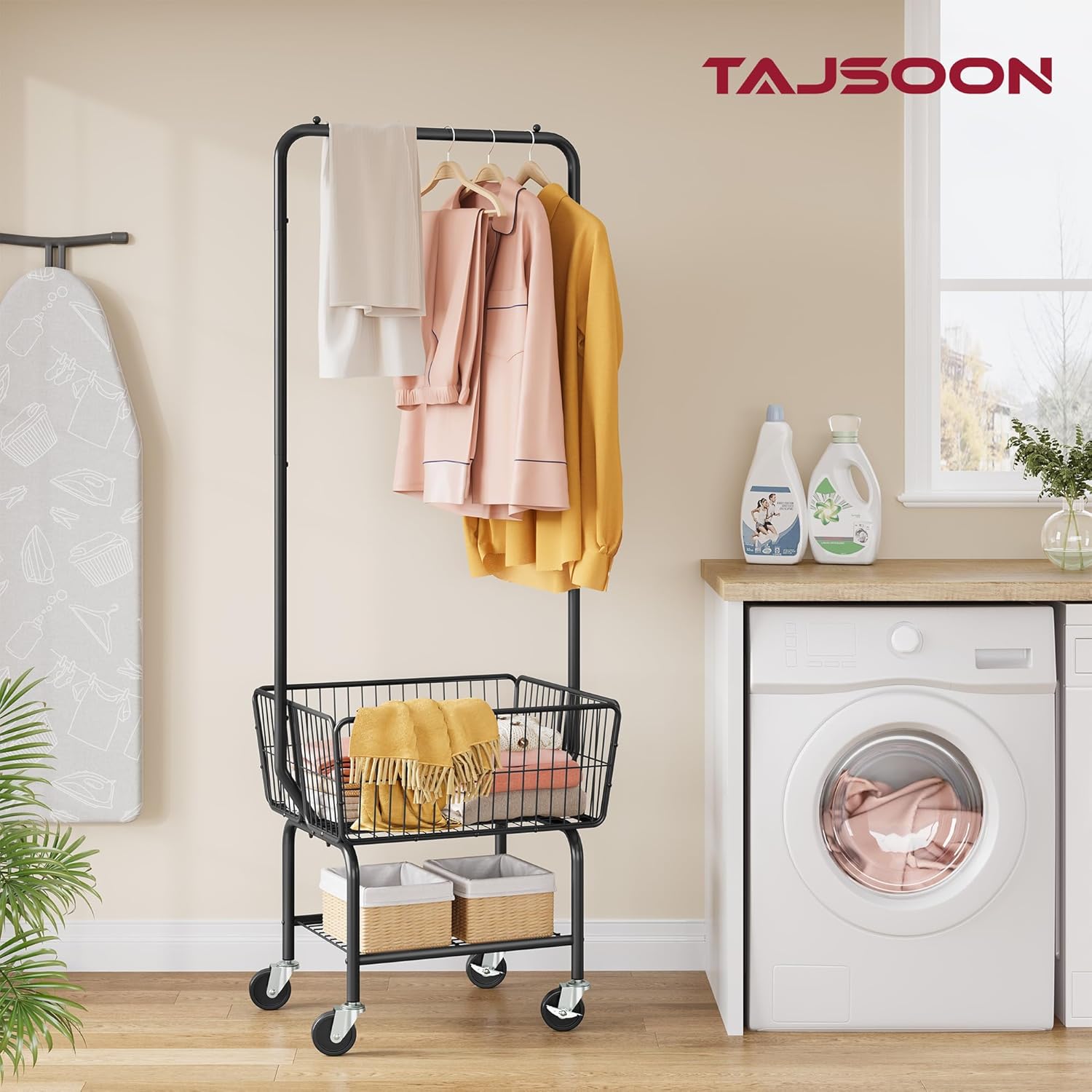 Tajsoon Laundry Cart with Hanging Rack, Metal Laundry Basket with Wheels, Laundry Hamper with Storage Basket and Shelf, Rolling Laundry Cart with Wheels, Black