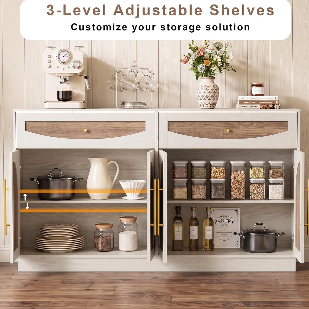 63'' Arched Door Sideboard Buffet Cabinet with Drawers, White and Natural | Modern Farmhouse, Two-tone, Removable Shelves, Metal Handle, Large Storage Space, Wooden Storage Cabinet, Coffee Bar Station