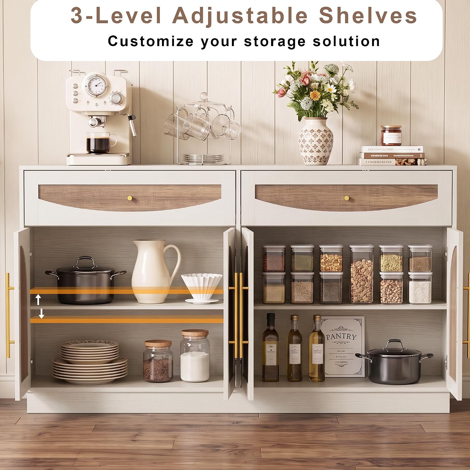 63'' Arched Door Sideboard Buffet Cabinet with Drawers, White and Natural | Modern Farmhouse, Two-tone, Removable Shelves, Metal Handle, Large Storage Space, Wooden Storage Cabinet, Coffee Bar Station