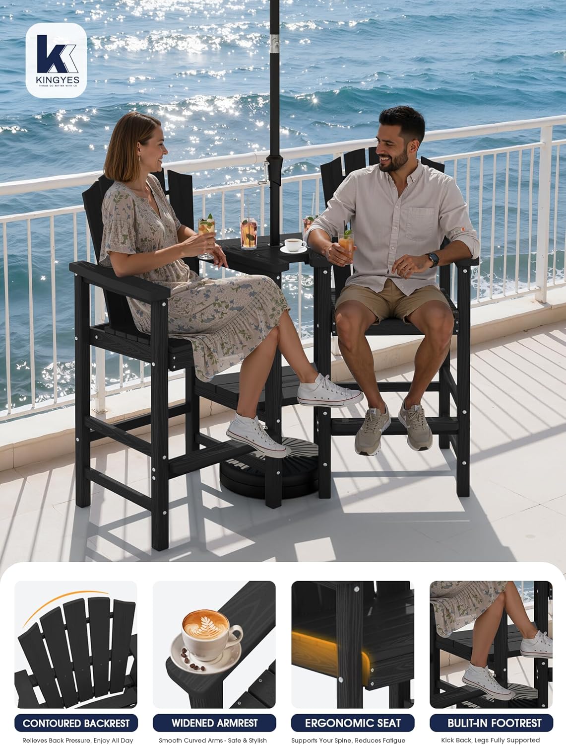 KINGYES Tall Adirondack Chair Set of 2 with Double Connecting Trays, Outdoor HDPE Adirondack Barstools, High Airondack Chair with Wood Grain, Embossed Balcony Chair for Backyard, Black
