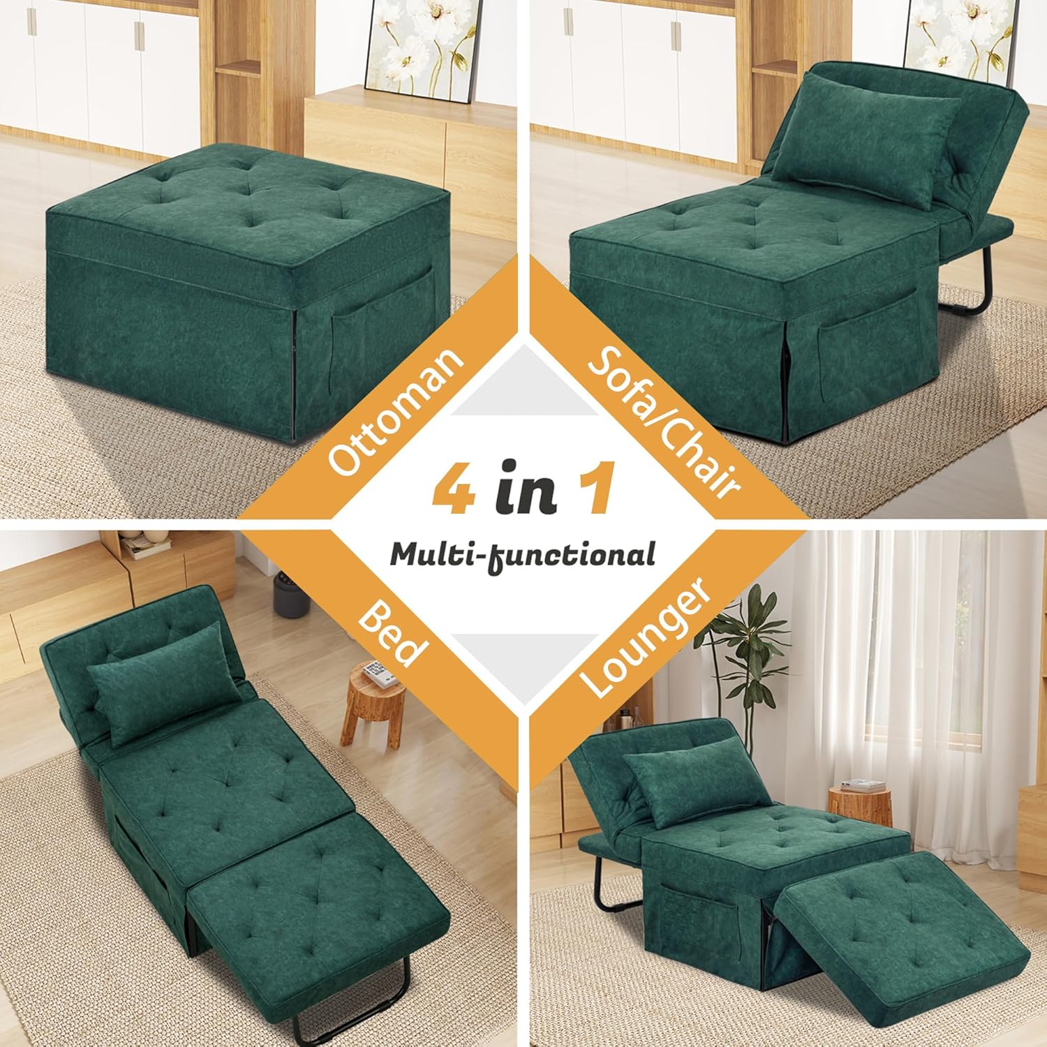 4-in-1 Multi-Functional Convertible Sofa Bed, Foldable Ottoman Sleeper Chaise with Adjustable Backrest, Modern Linen Convertible Futon Sofa Couch for Living Room (Green-28.7''D)