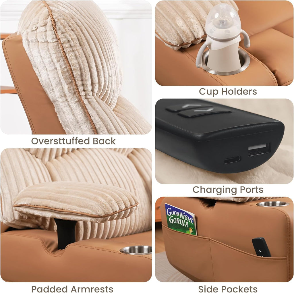 SUNWAVE Power Nursery Rocking Chair with Adjustable Armrests, Nursing Chair with USB, Cup Holders, Swivel Rocker Recliner with Corduroy and PU Leather Fabric