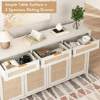 HOKYHOKY Rattan Sideboard Buffet Cabinet, Boho Storage Cabinet with Adjustable Shelves, Farmhouse Credenza Coffee Bar Cabinets with 4 Doors & 3 Drawers for Living Room, Hallway & Kitchen