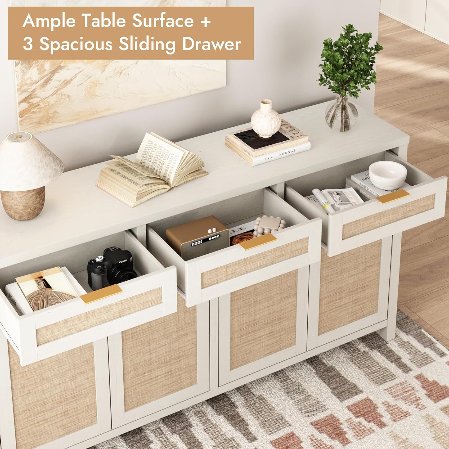 HOKYHOKY Rattan Sideboard Buffet Cabinet, Boho Storage Cabinet with Adjustable Shelves, Farmhouse Credenza Coffee Bar Cabinets with 4 Doors & 3 Drawers for Living Room, Hallway & Kitchen