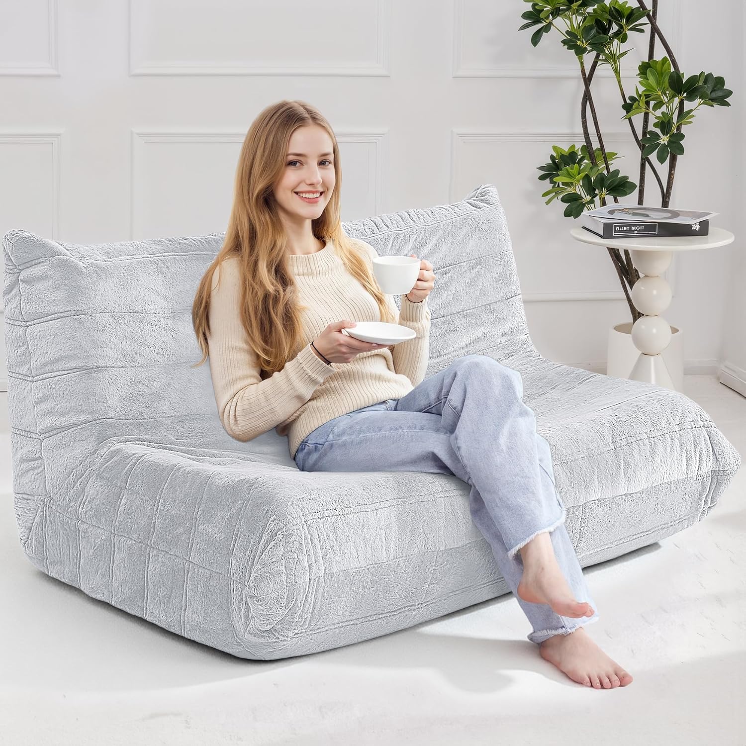 Bean Bag Loveseat Chair Big Sofa Beanbag Chair for Adults Fireside Chair Bean Bag Lounger with Memory Foam Filled for Home,Apartment or Gaming Venue（LGY Plush）