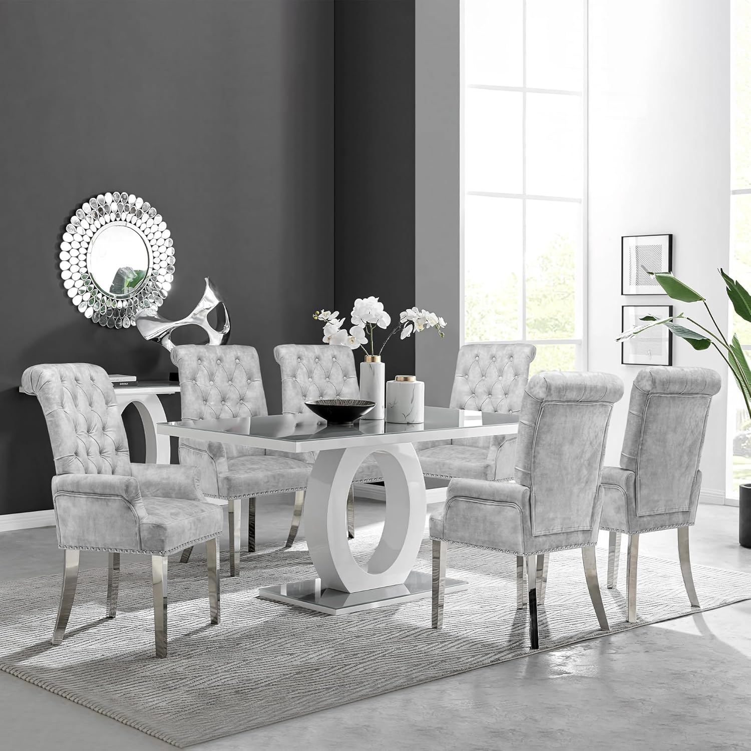 LOULENS Luxurious Velvet Dining Chairs, Modern Upholstered Dining Chair with Arms, Tufted High Back Dining Room Chairs with Stainless Steel Leg for Kitchen & Dining Room, Grey