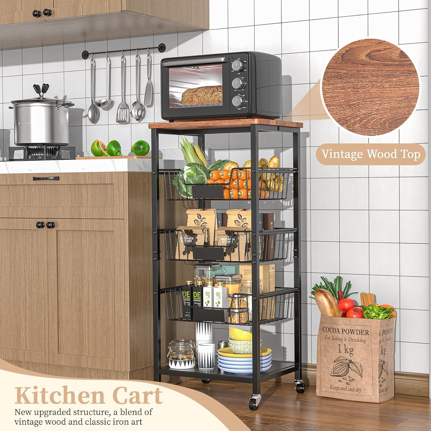 Hastatii Kitchen Storage Cart, Kitchen Basket, 5-Tier Utility Organizer with Baskets and Wood Top, Rolling Snack Cart with Wheels, Metal Black
