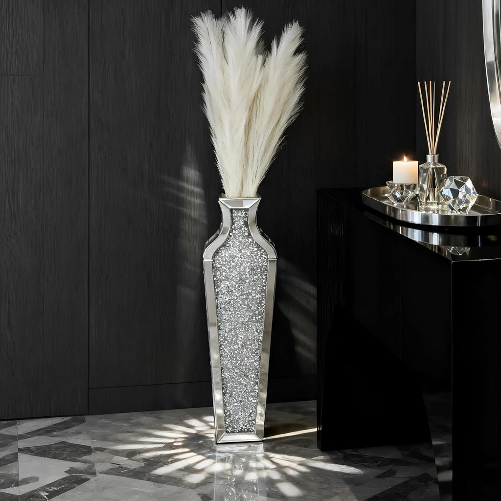 SHYFOY Crushed Diamond Floor Vase with Pampas Grass, Large Silver Mirror Tall Vases for Floor, Modern Luxury Glass Vases Home Decor for Living Room Bedroom Home Corner Indoor Office, 26.8" Tall